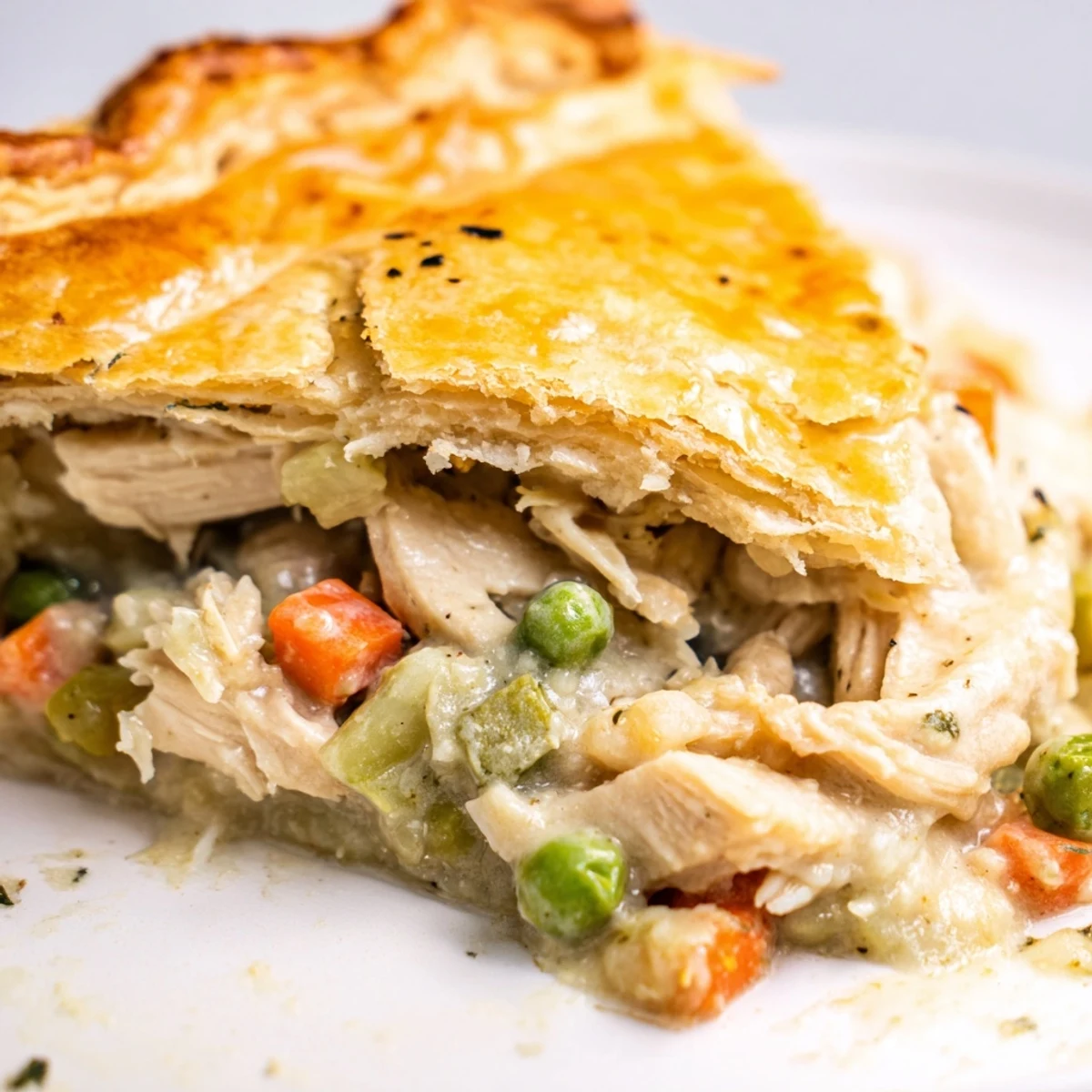 Golden brown Chicken Pot Pie with Crust bubbling with creamy chicken and vegetable filling.