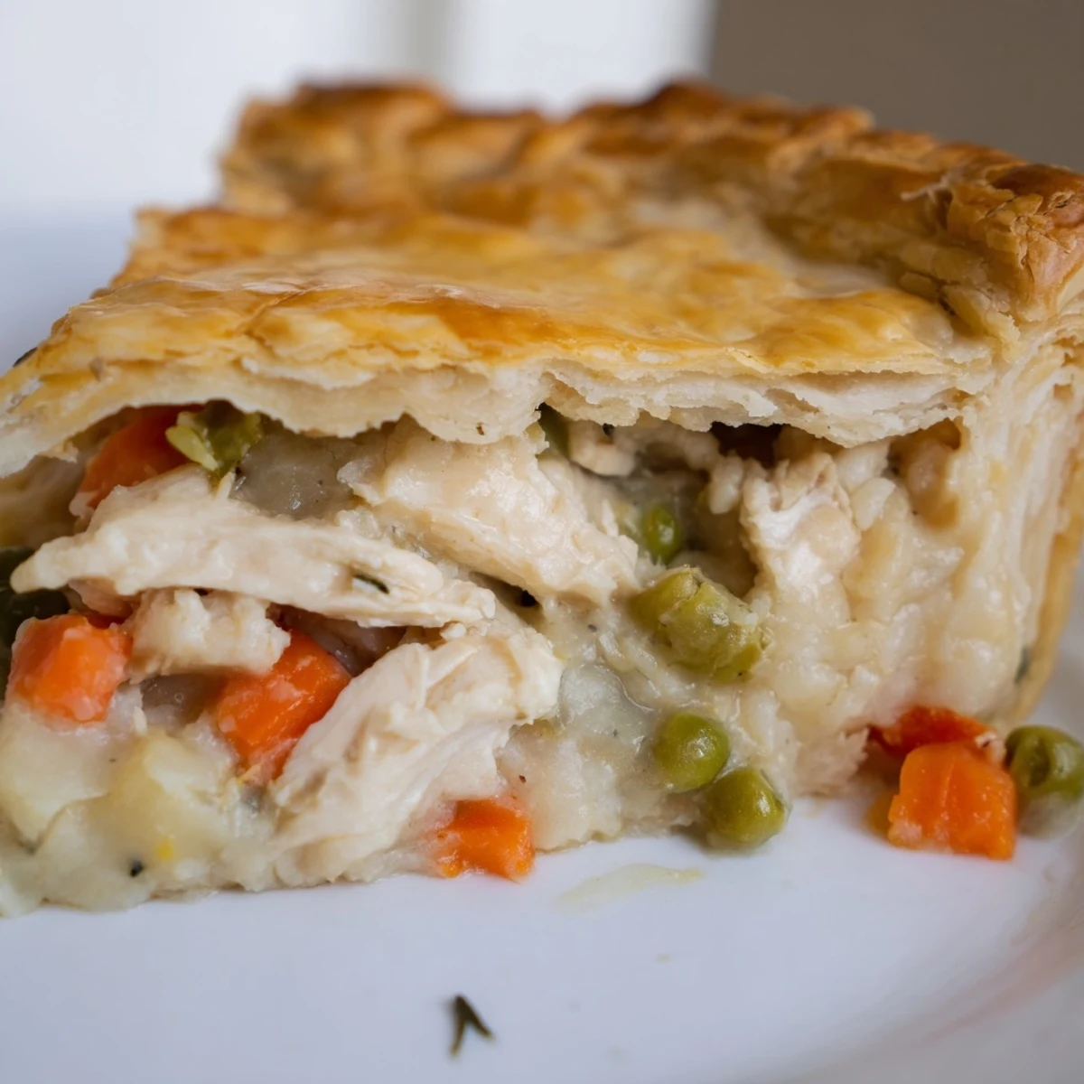 Freshly baked Chicken Pot Pie with Crust served steaming hot with a flaky edge.