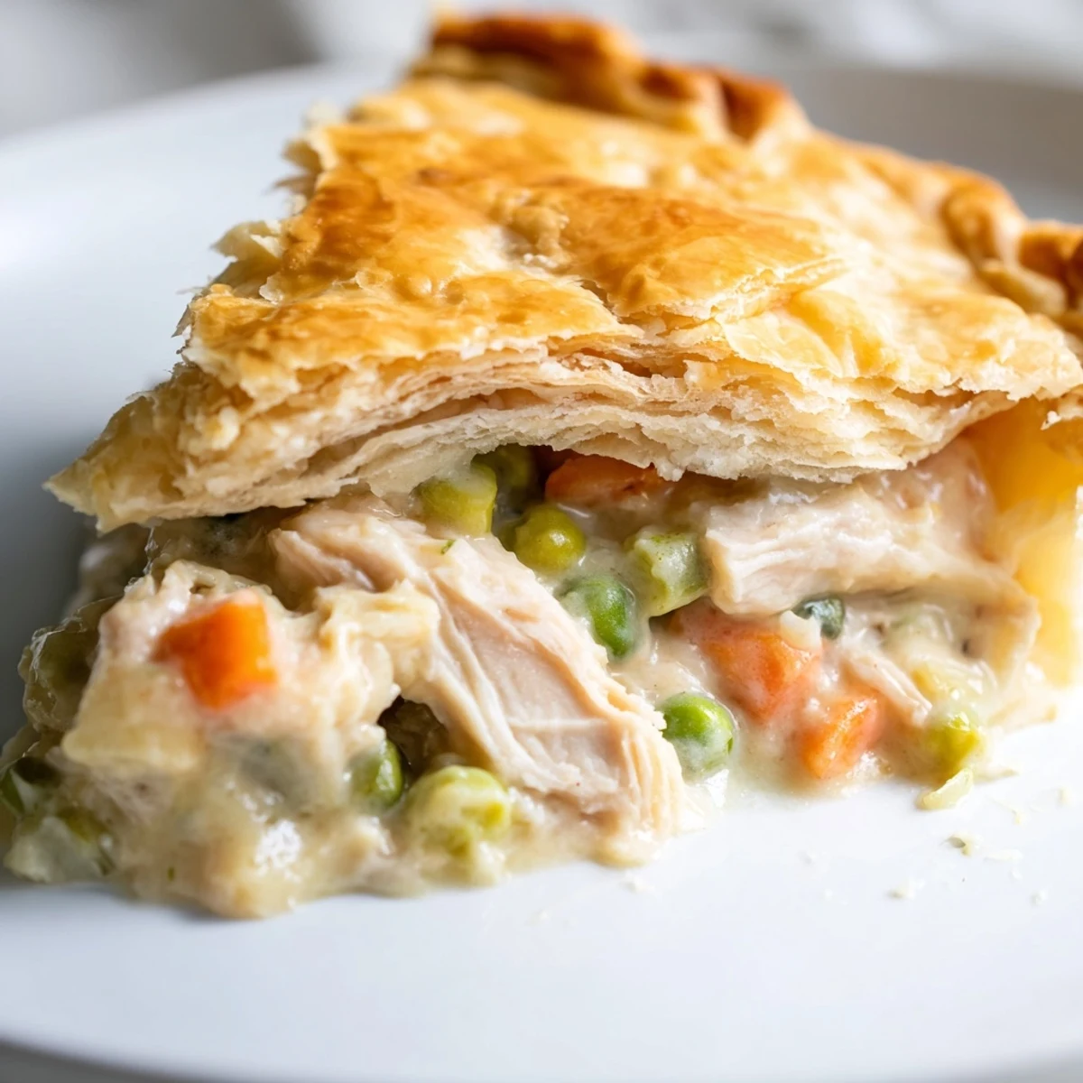 Classic Chicken Pot Pie with Crust sliced to reveal tender chicken and peas inside.