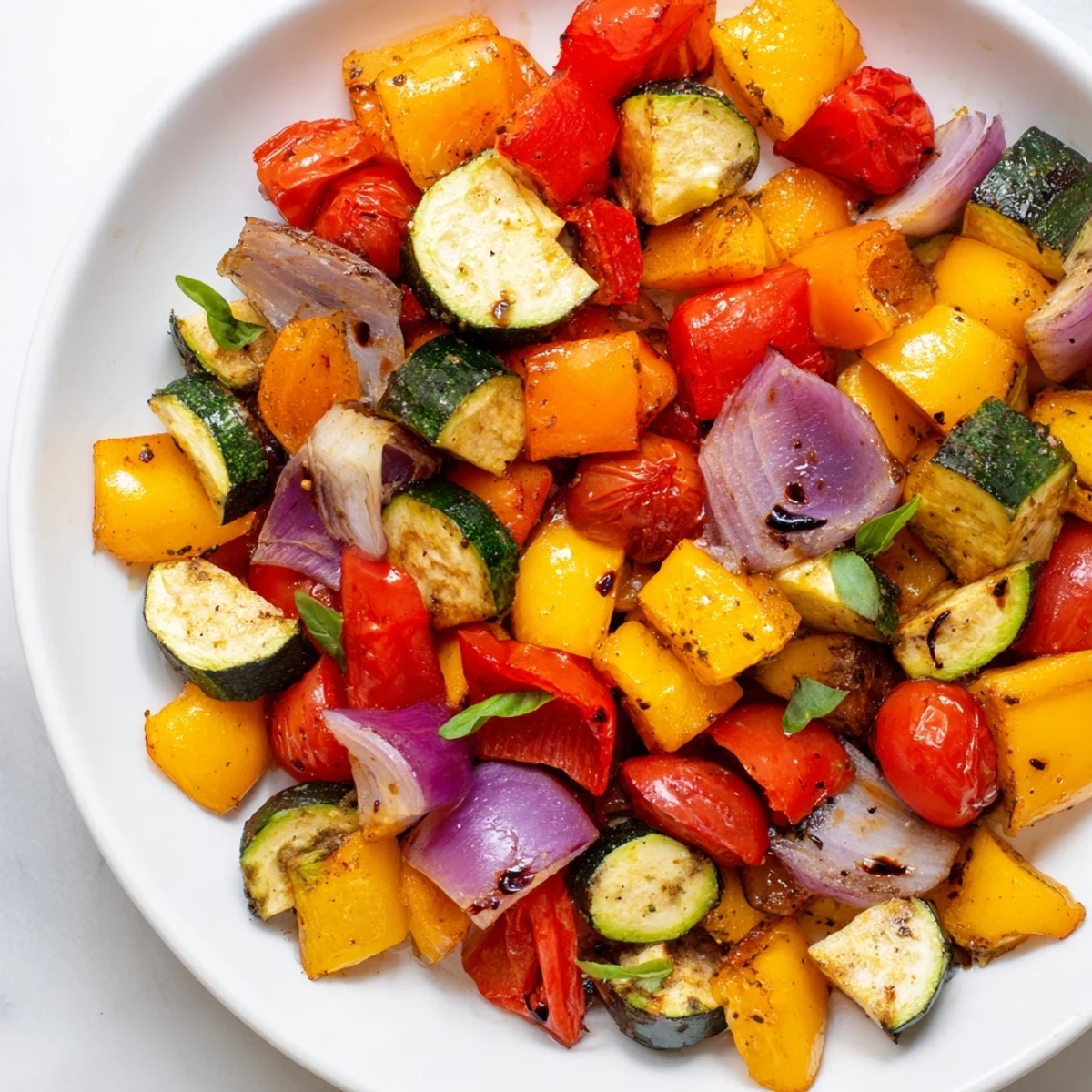 Freshly roasted eggplant and red onion wedges for Roasted Veggies with Italian Herbs, garnished with torn basil and a drizzle of balsamic glaze.