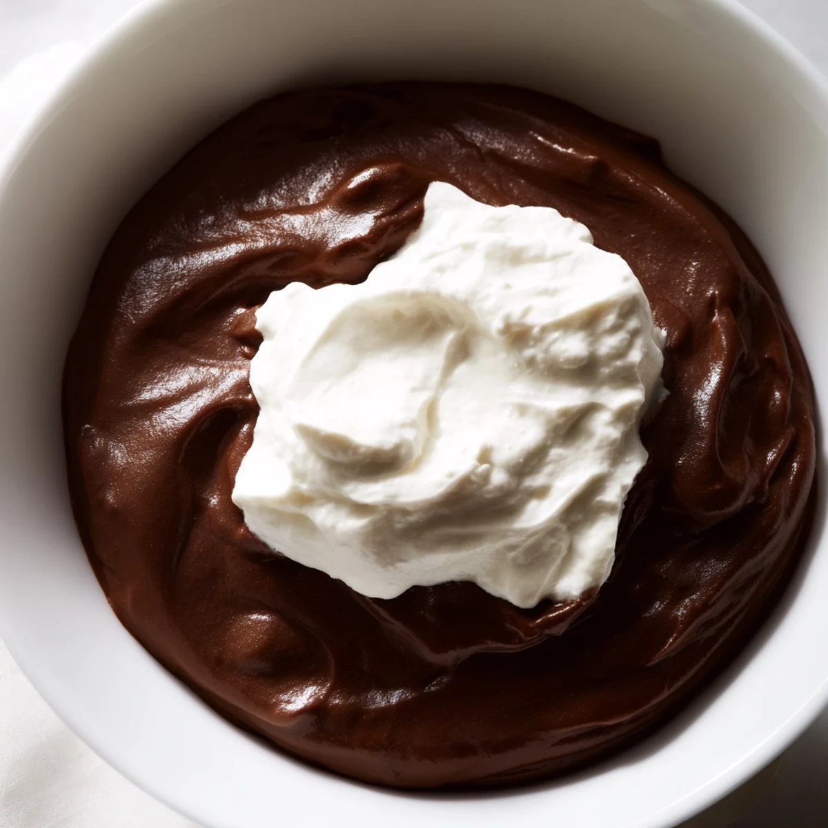Creamy chocolate pudding with whipped cream topped with chocolate shavings in small glass serving dishes.
