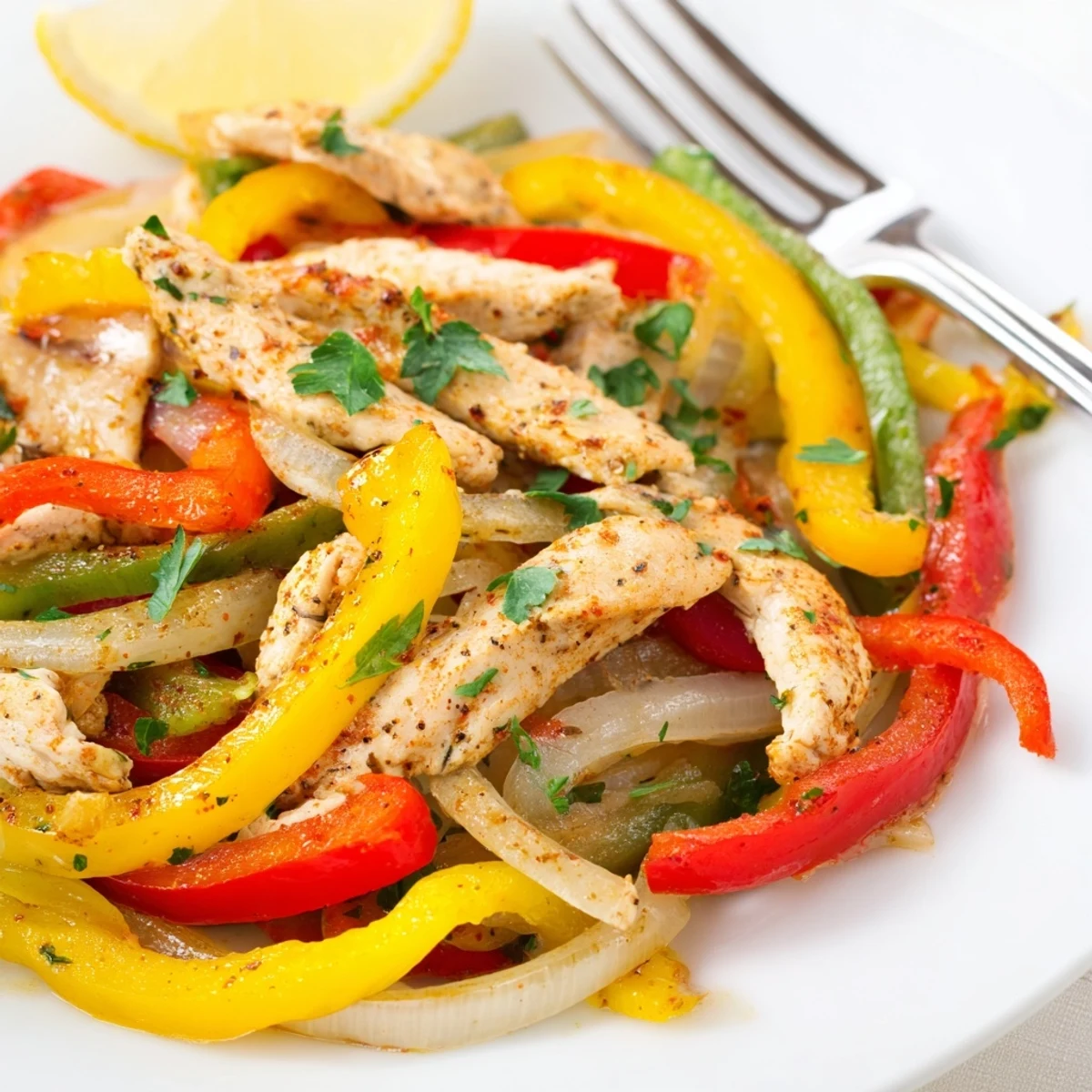Sizzling turkey strips and colorful bell peppers in a skillet for a Turkey Skillet with Peppers, garnished with fresh parsley.