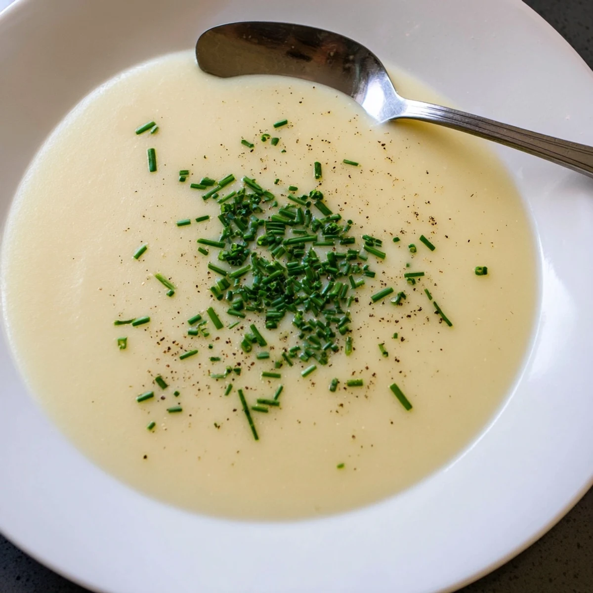 Velvety Creamy Leek Soup with Potatoes, garnished with fresh chives, served in a rustic white bowl, perfect for a cozy meal.
