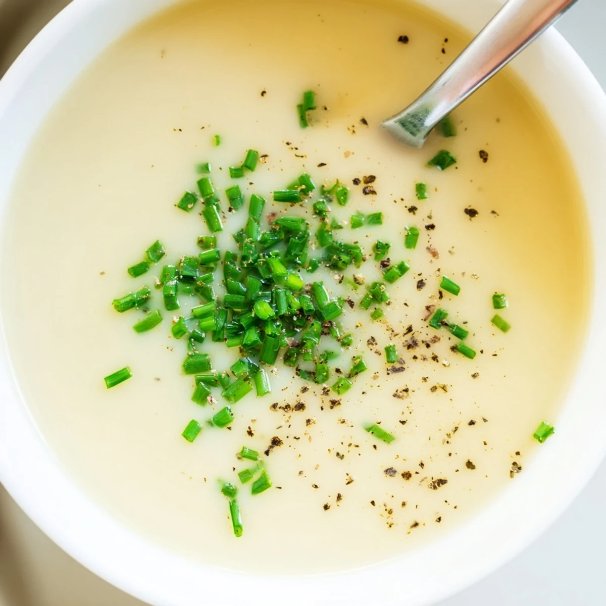 Homemade Creamy Leek Soup with Potatoes in a bowl, topped with chives and cracked black pepper, ready to serve with crusty bread.