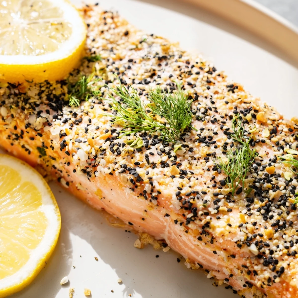 Fork-flaked fillet of Baked Salmon with Everything Bagel Seasoning served alongside roasted asparagus for an easy dinner.