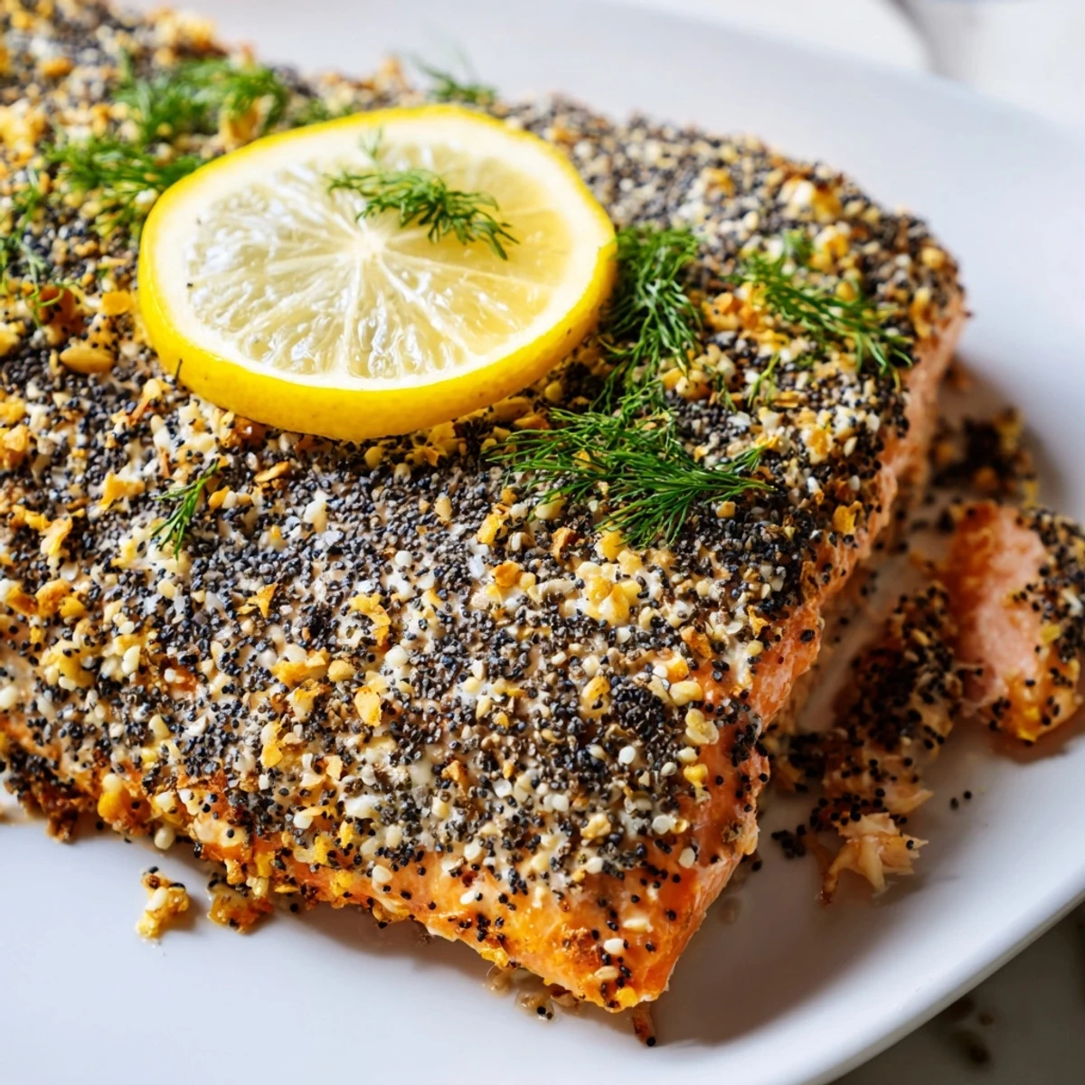 Golden-brown Baked Salmon with Everything Bagel Seasoning rests on a baking sheet with lemon rounds and fresh dill.