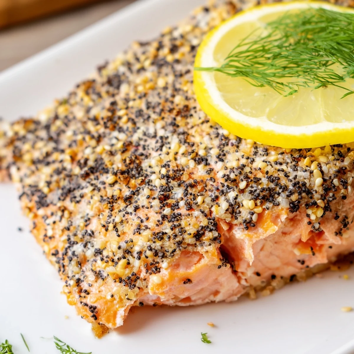 Freshly baked Baked Salmon with Everything Bagel Seasoning garnished with dill and lemon wedges on a white plate.