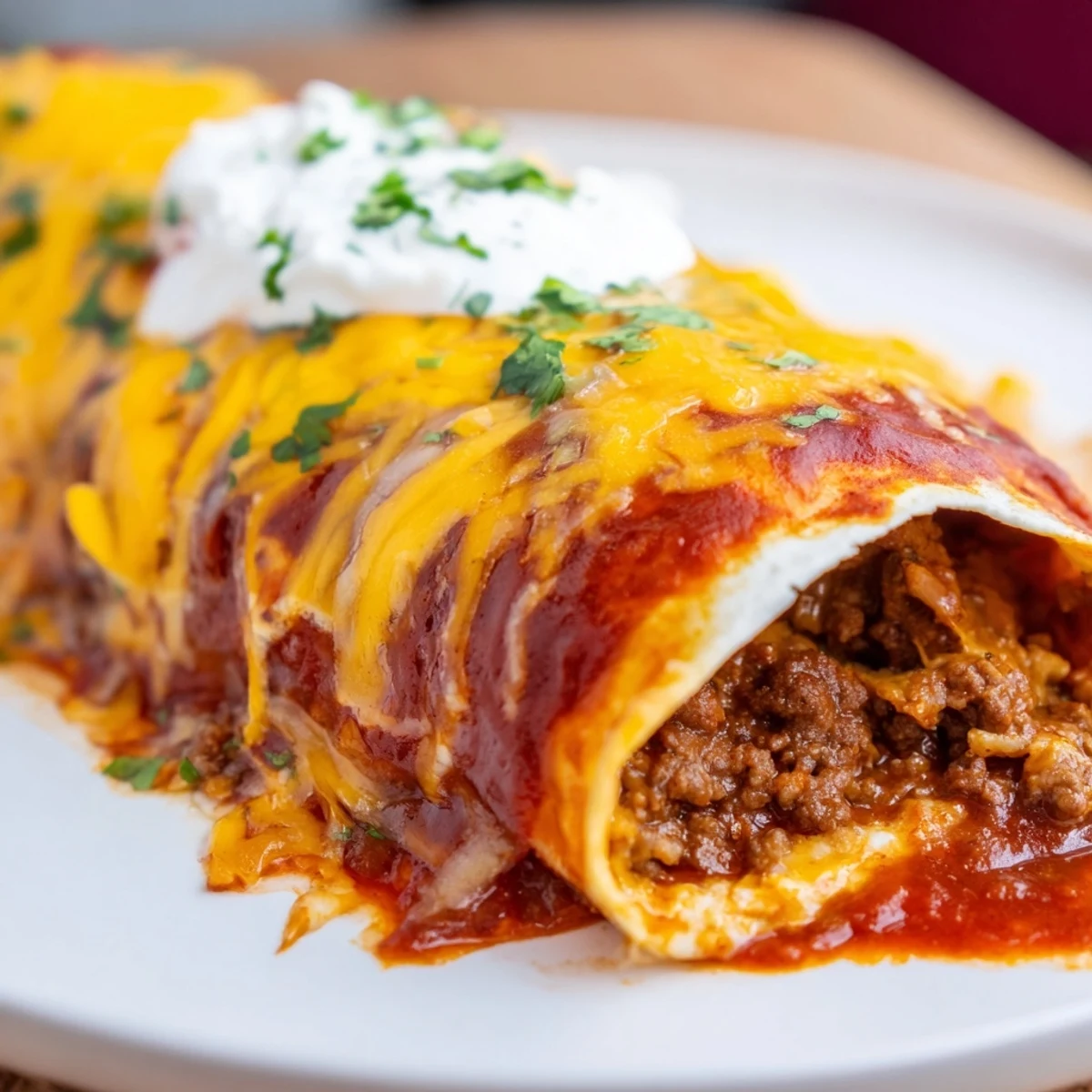Freshly baked Beef Enchiladas with Red Sauce bubbling with melted cheddar and Monterey Jack cheese.