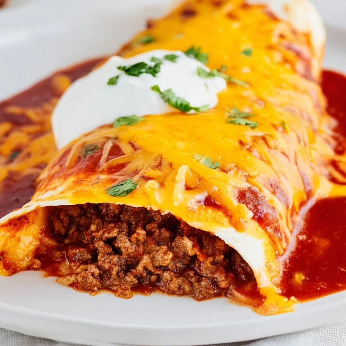 Homemade Beef Enchiladas with Red Sauce served on a plate with fresh cilantro and sour cream.