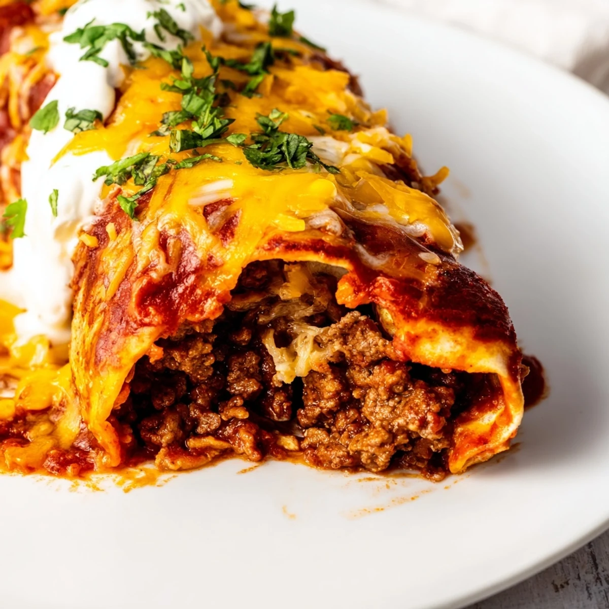 Golden corn tortillas stuffed with savory beef filling and smothered in a homemade red enchilada sauce.