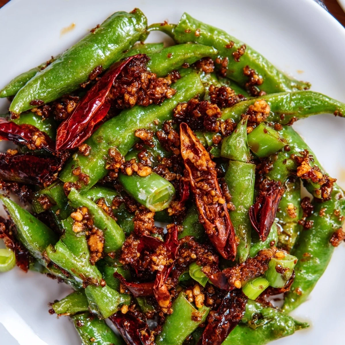 A close-up of blistered Spicy Szechuan Green Beans served as a side with steamed jasmine rice.