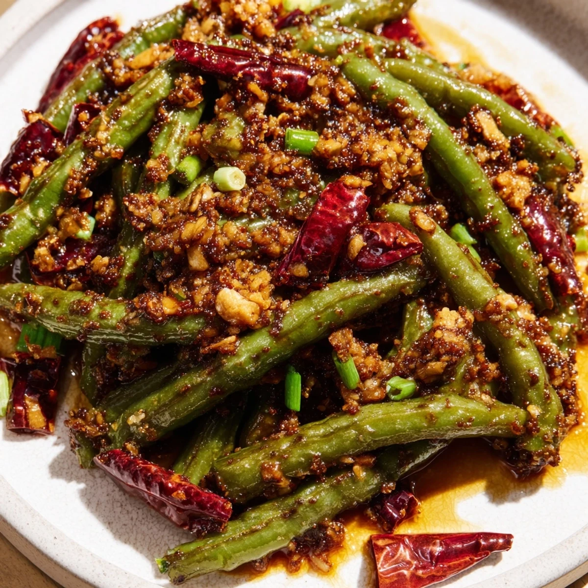 Crisp-tender green beans tossed in a spicy Szechuan sauce with garlic and ginger in a hot wok.
