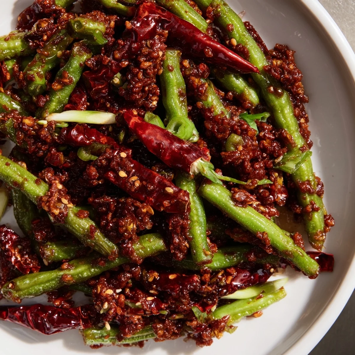 Garnished Spicy Szechuan Green Beans on a plate, showcasing bold red chilies and toasted sesame seeds.
