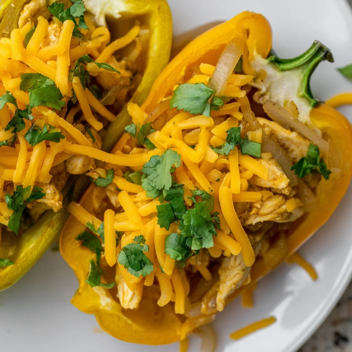 Close-up of Chicken Fajita Stuffed Peppers with melted cheddar, fajita spices, and a dollop of sour cream.
