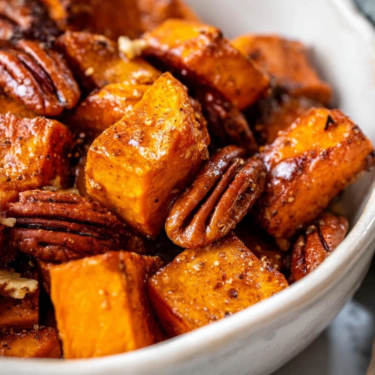 Roasted Sweet Potatoes with Pecans glazed with maple syrup, served warm and garnished with extra nuts on a rustic plate.