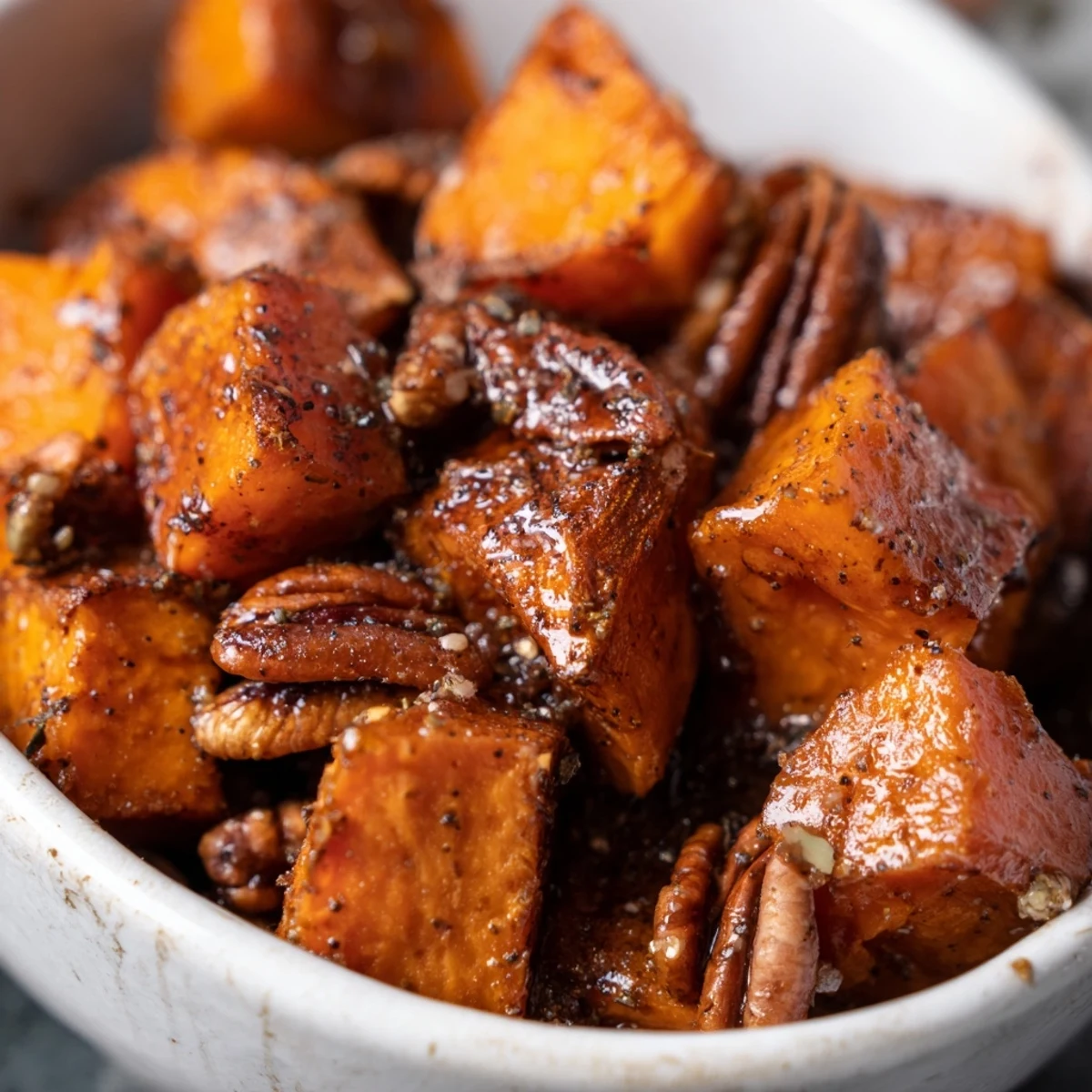 Roasted Sweet Potatoes with Pecans arranged on a platter, ideal alongside roast chicken for an easy, cozy American side.