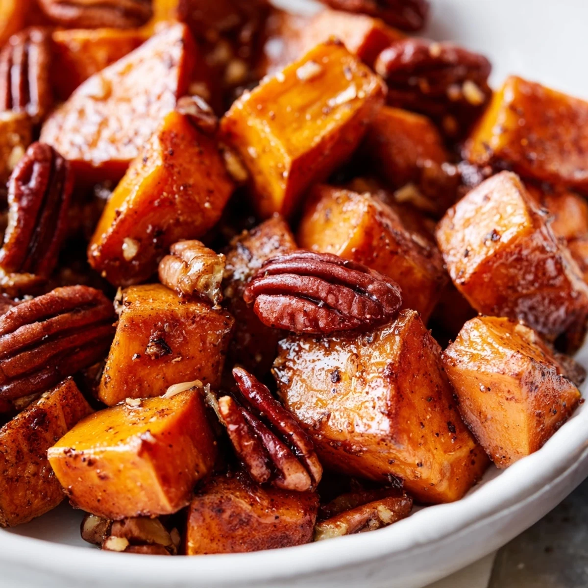 Roasted Sweet Potatoes with Pecans fresh from the oven, tender cubes mingling with toasted nuts and fragrant cinnamon spice.
