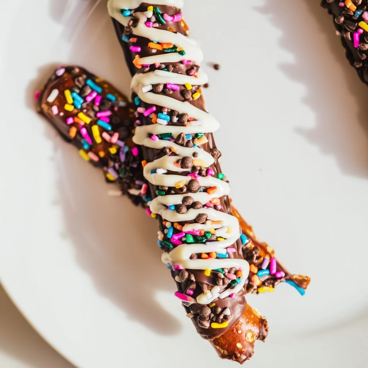 A close-up of Chocolate Covered Pretzel Rods showing the thick chocolate shell and colorful decorations, perfect for snacking or filling cellophane gift bags.
