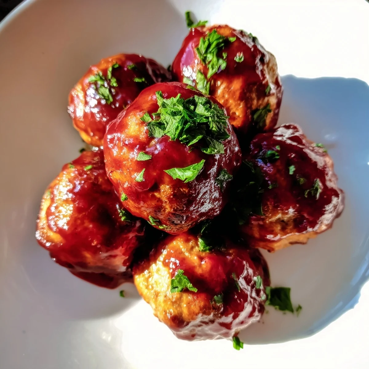 Golden-baked turkey meatballs with cranberry glaze on a rustic wooden board, garnished with fresh parsley for a festive main dish.