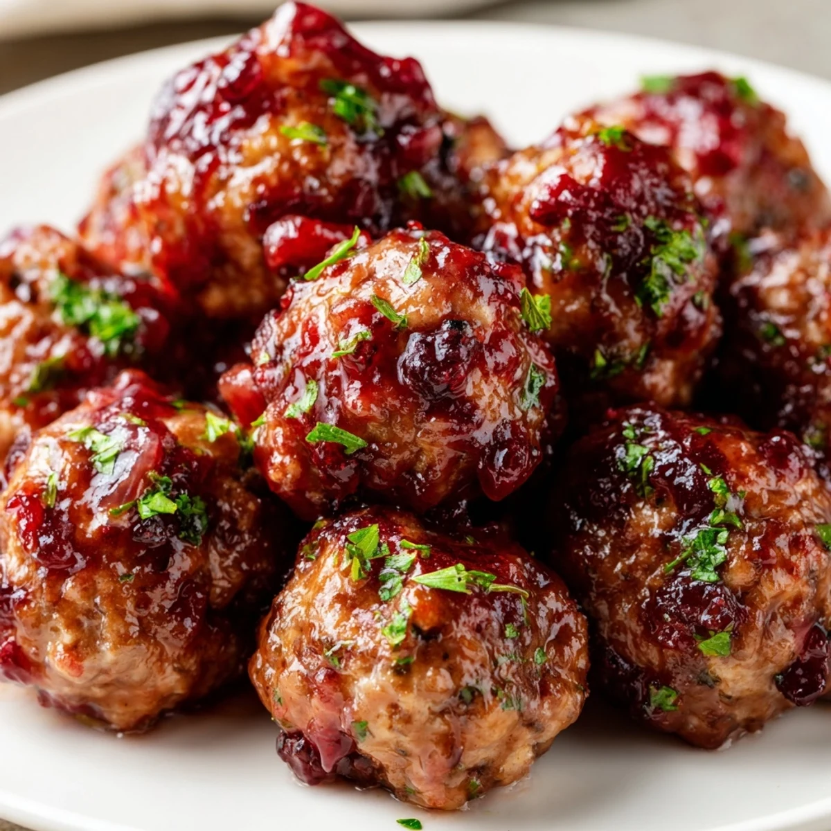 Glossy cranberry-glazed turkey meatballs on a white platter with orange slices, perfect as holiday appetizers for parties.