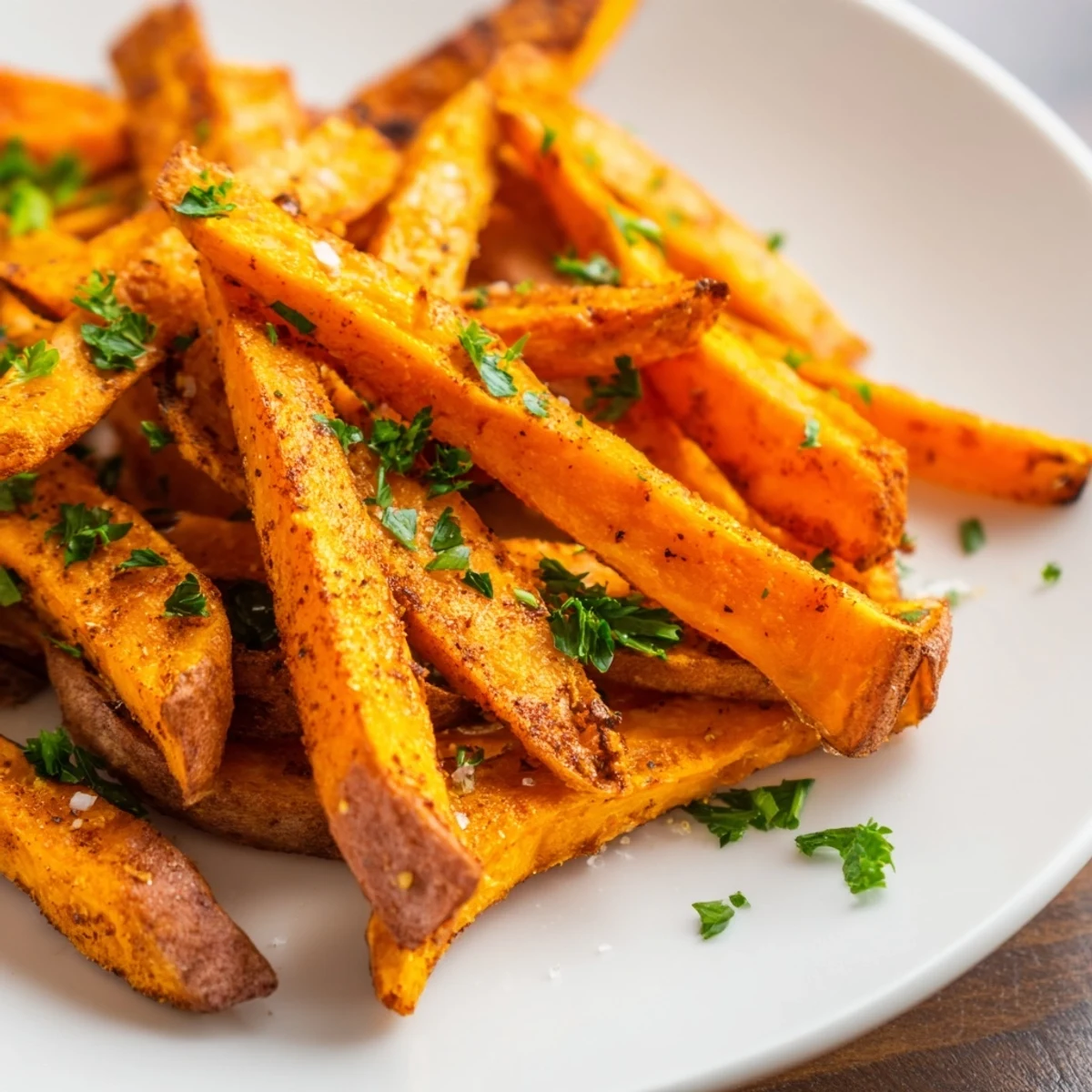 A close-up view shows seasoned Crispy Air Fryer Sweet Potato Fries with crispy edges and fluffy orange centers.