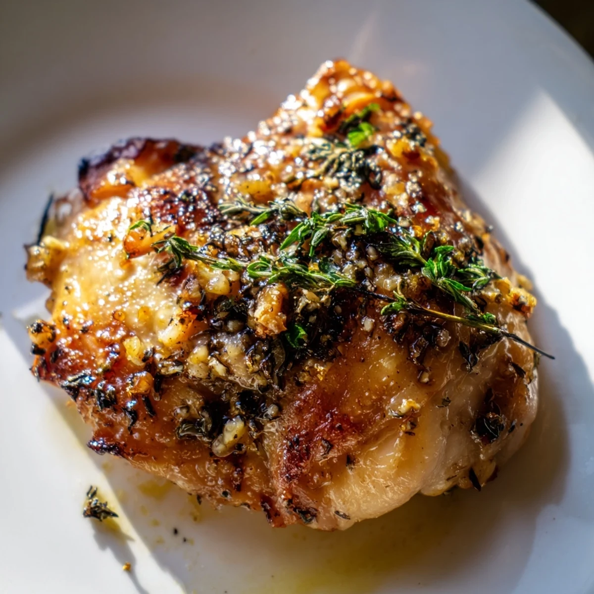 Golden-skinned Lemon Garlic Roasted Chicken Thighs fresh from the oven, garnished with fresh parsley and lemon wedges.