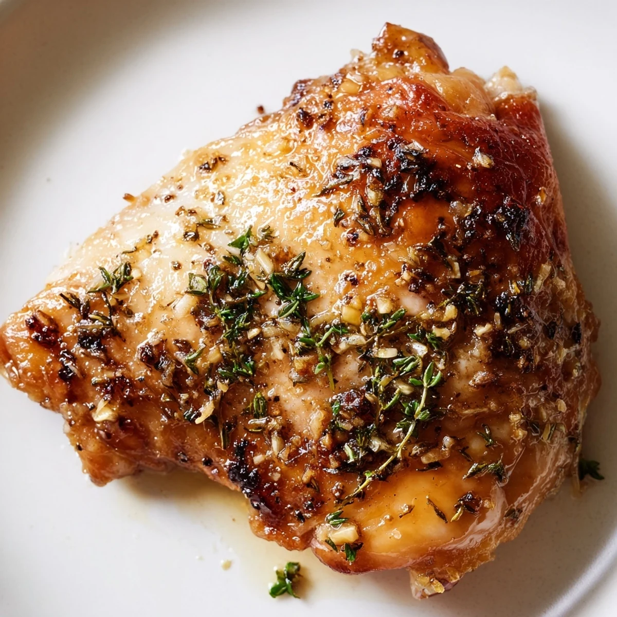 Juicy Lemon Garlic Roasted Chicken Thighs on a baking sheet with roasted potatoes for a Mediterranean-inspired dinner.