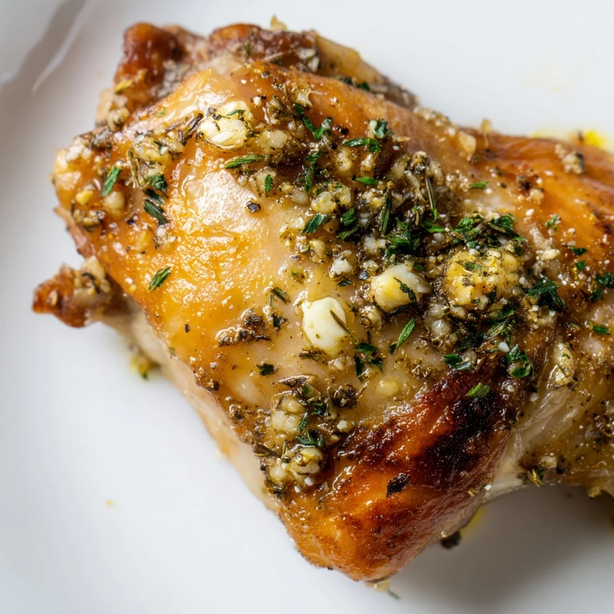 Perfectly cooked Lemon Garlic Roasted Chicken Thighs with aromatic garlic and herbs, plated and ready to serve.