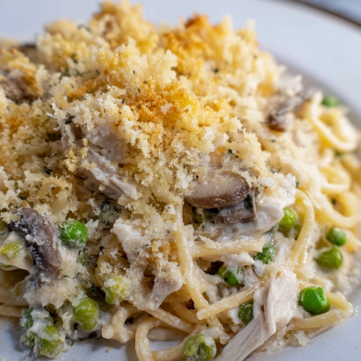 Golden brown Turkey Tetrazzini bubbling from the oven with golden Parmesan breadcrumbs on top.