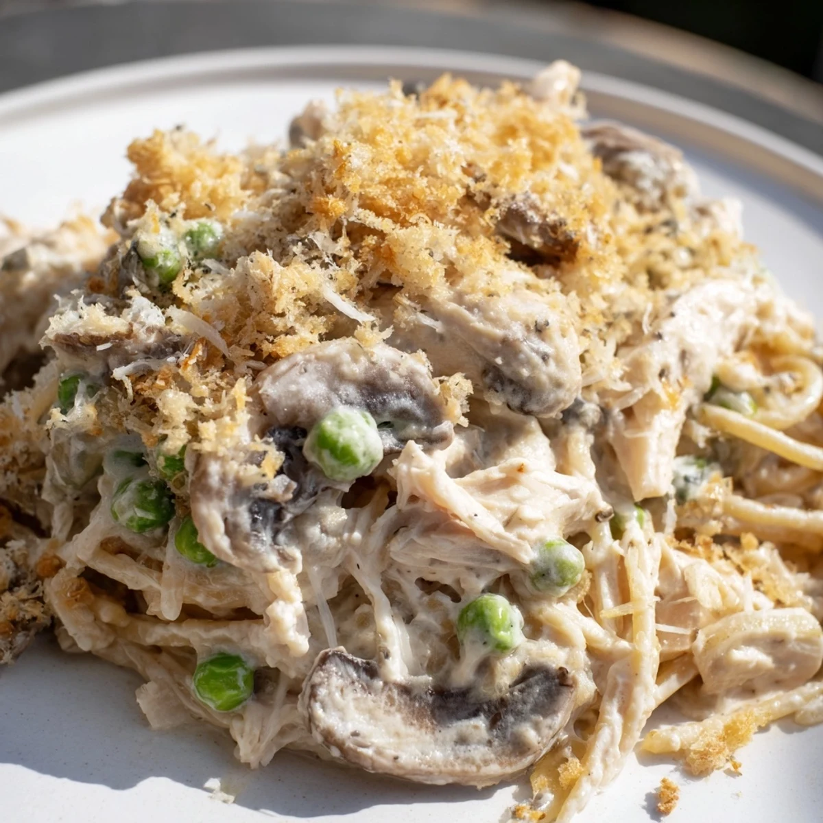 Freshly baked Turkey Tetrazzini served in a dish with a side salad for dinner.
