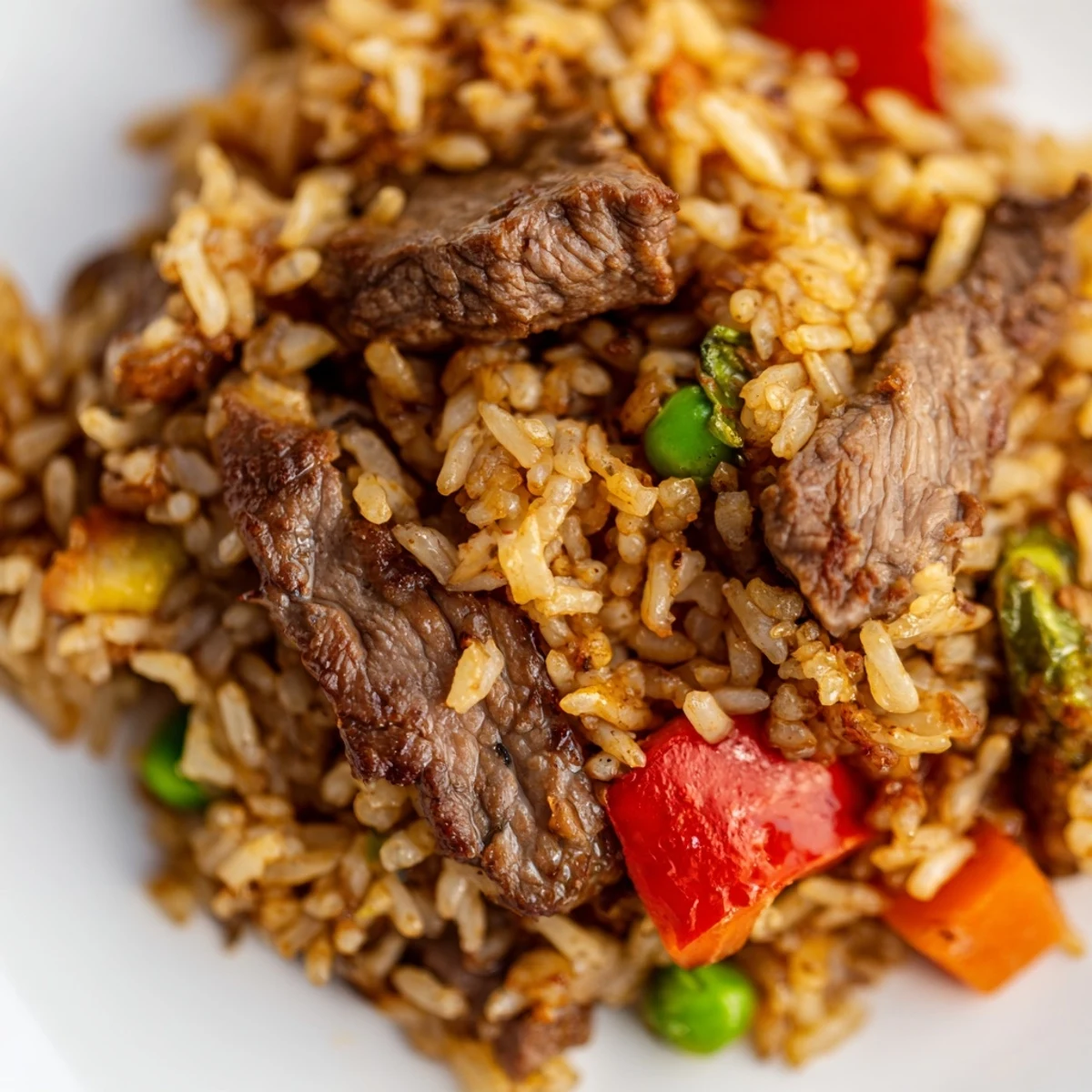 Golden-brown Beef Fried Rice with Vegetables, featuring crisp carrots, red peppers, and peas piled high on a white plate.