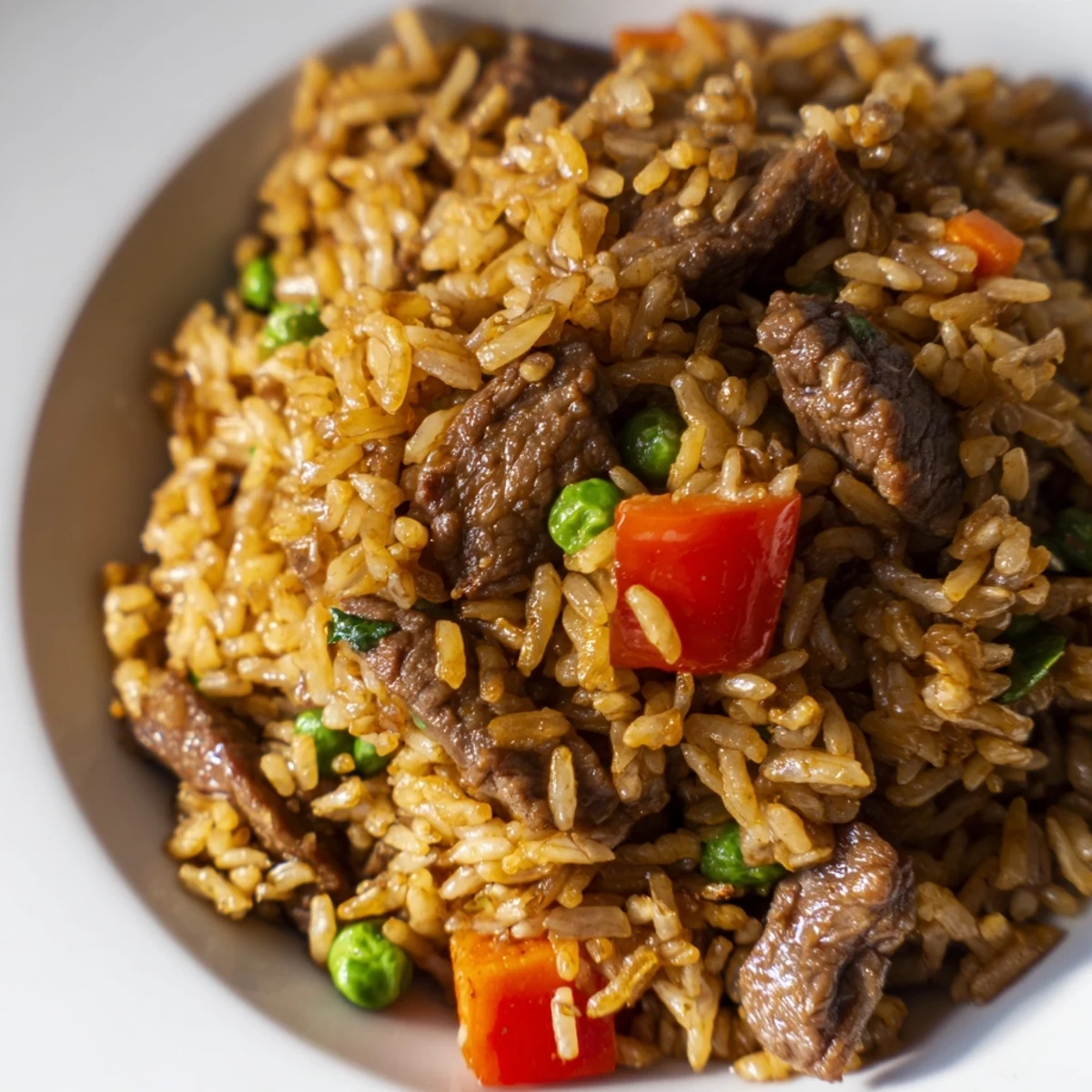 A steaming skillet of Beef Fried Rice with Vegetables, garnished with fresh green onions, ready for a weeknight dinner.