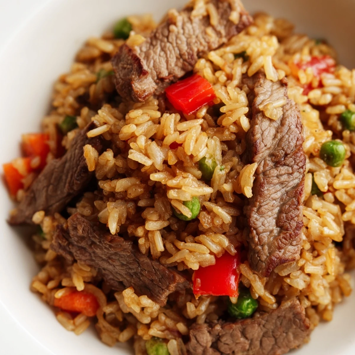 Tender marinated beef strips and fluffy jasmine rice stir-fry with colorful vegetables in a savory soy-ginger sauce.