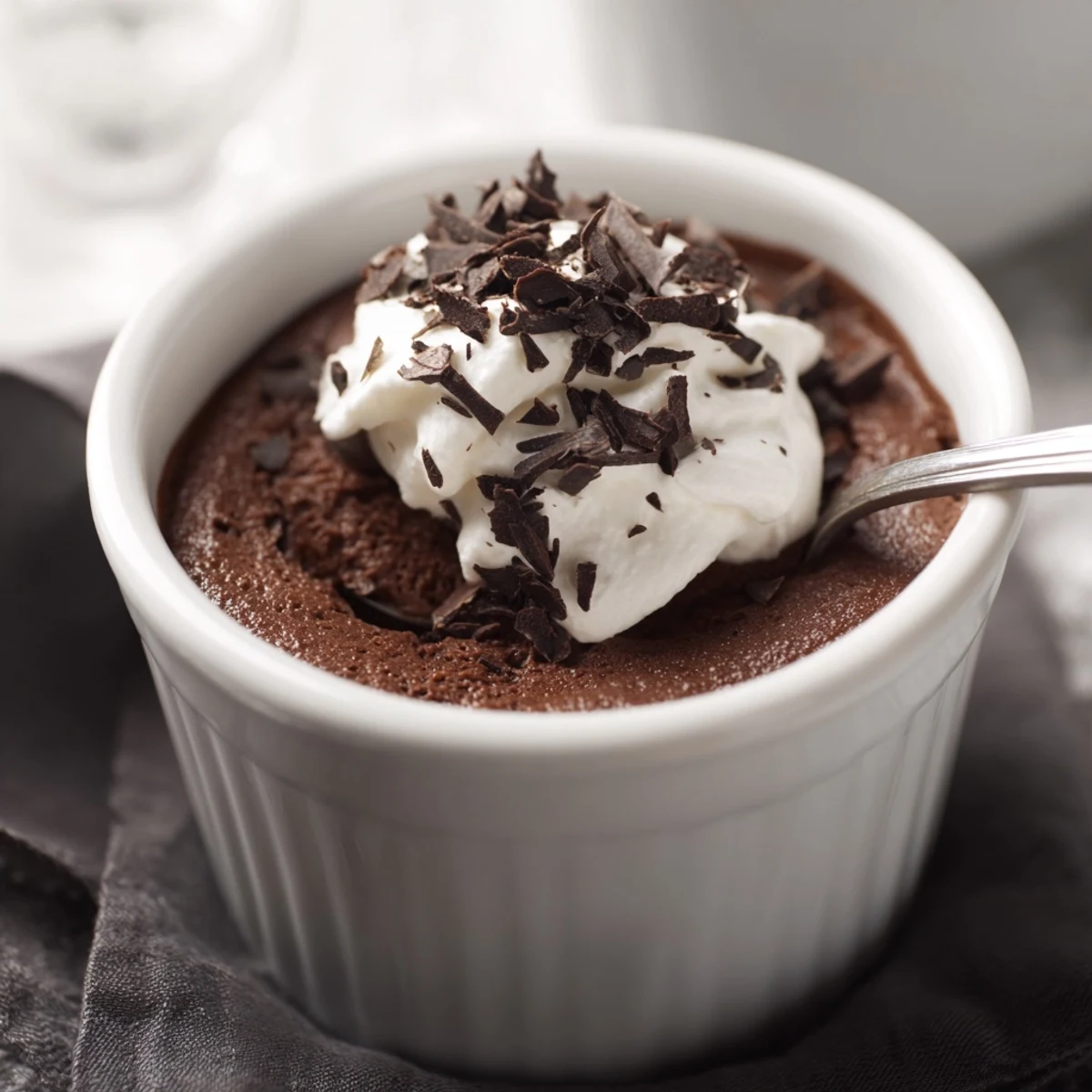 Silky Chocolate Mousse with Whipped Cream topped with a soft swirl in a glass dessert cup.