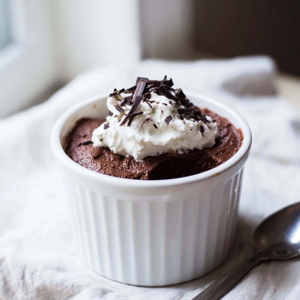 A close-up of Chocolate Mousse with Whipped Cream beside a bowl of fresh berries for garnish.