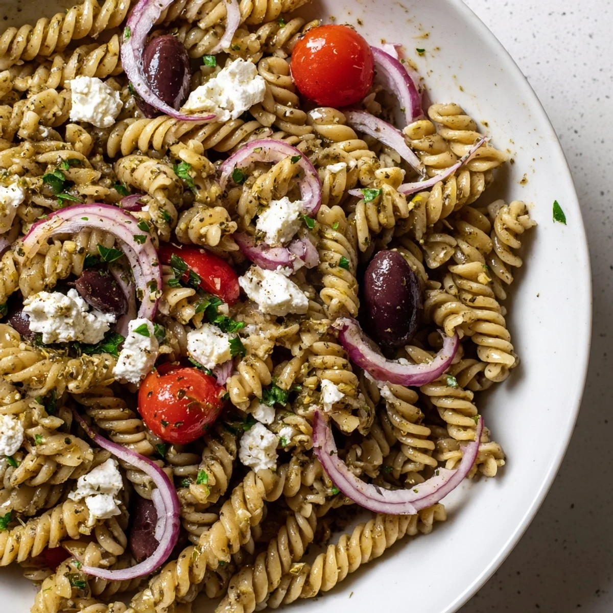 Fresh Mediterranean Pasta Salad with olives, tomatoes, and feta in a white bowl, ready for a light lunch.