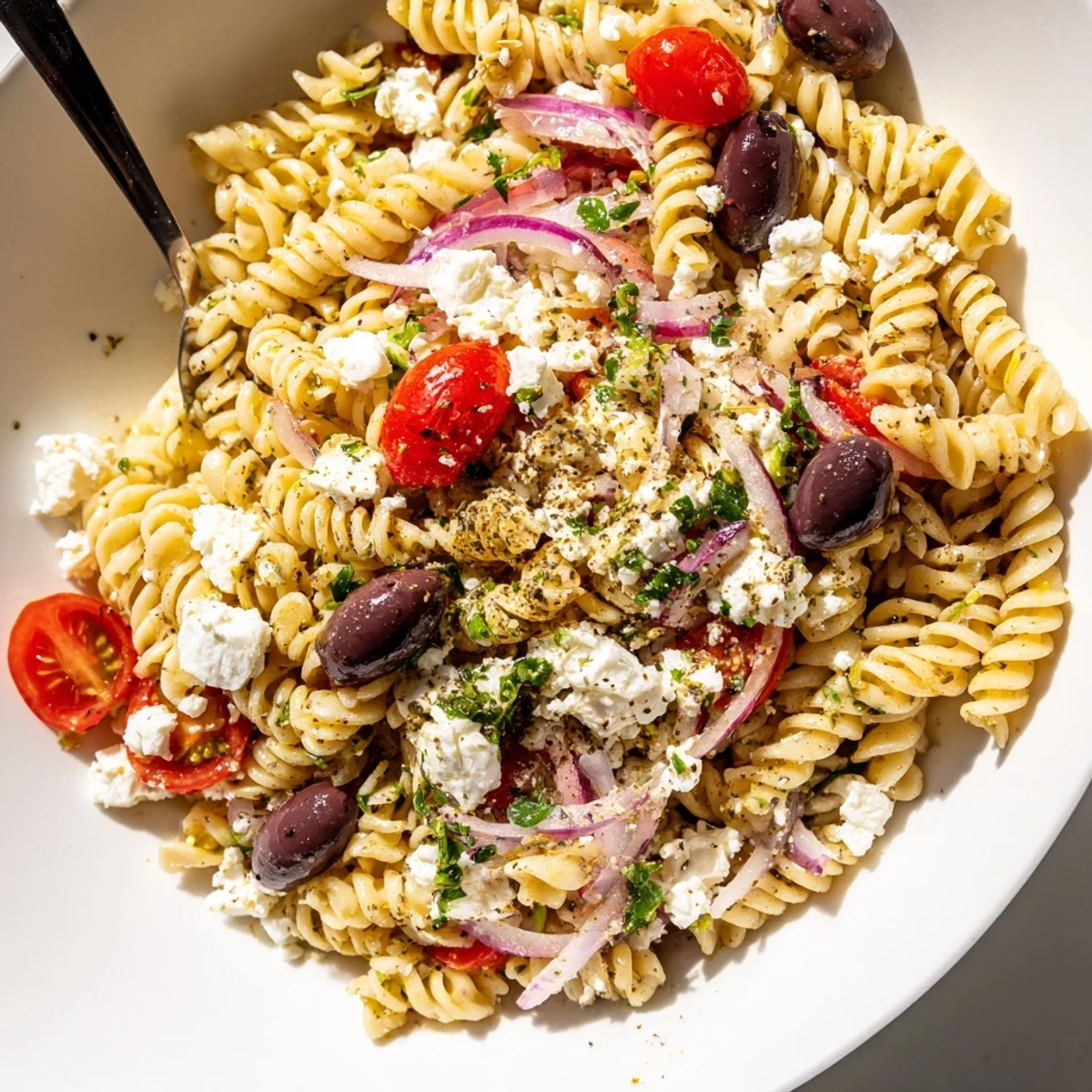 Chilled Mediterranean Pasta Salad with red onion and bell pepper, served as a vibrant vegetarian picnic side dish.