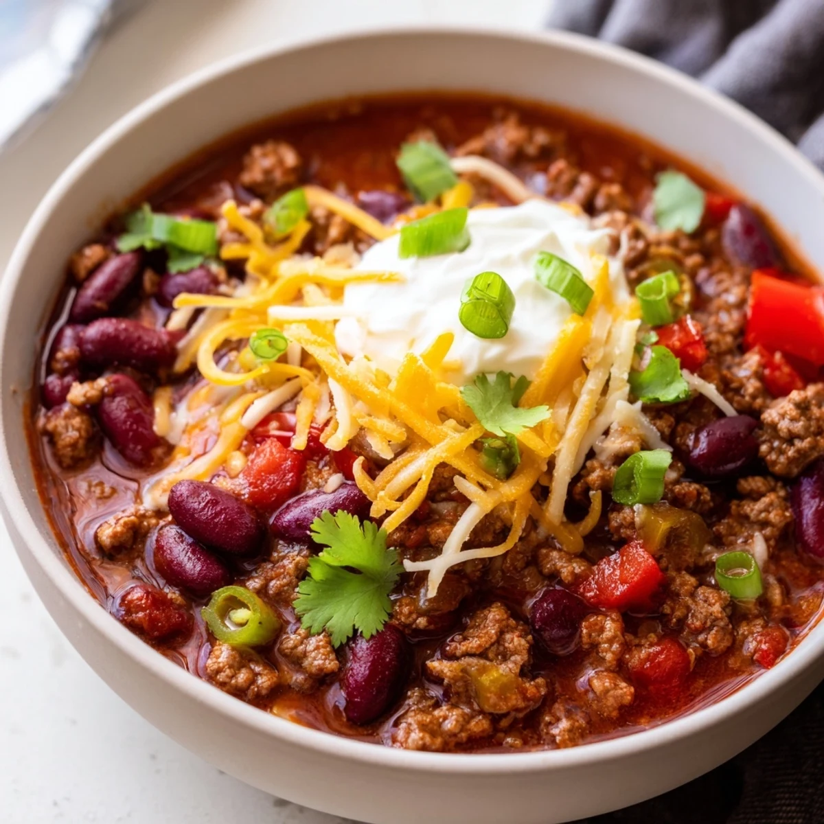 Slow Cooker Chili with Ground Beef served beside warm cornbread wedges, a cozy, family-style American dinner for a cold night.