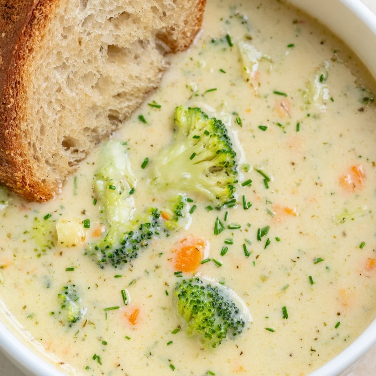 Creamy Broccoli Cheddar Soup with Bread steaming in a rustic bowl with melted cheddar and chopped chives.