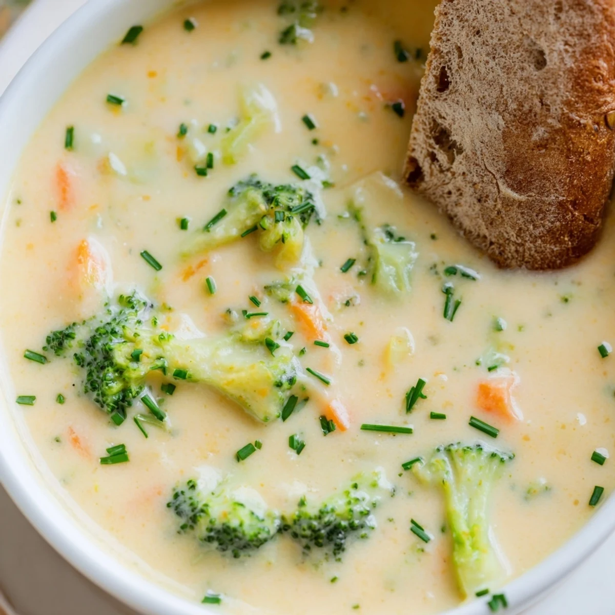 Pairing suggestion: Creamy Broccoli Cheddar Soup with Bread served alongside fresh herbs and crusty slices.