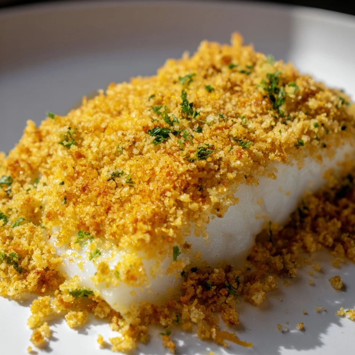 Golden-brown Baked Cod with Cracker Crumb Topping fresh from the oven, resting in a white baking dish.