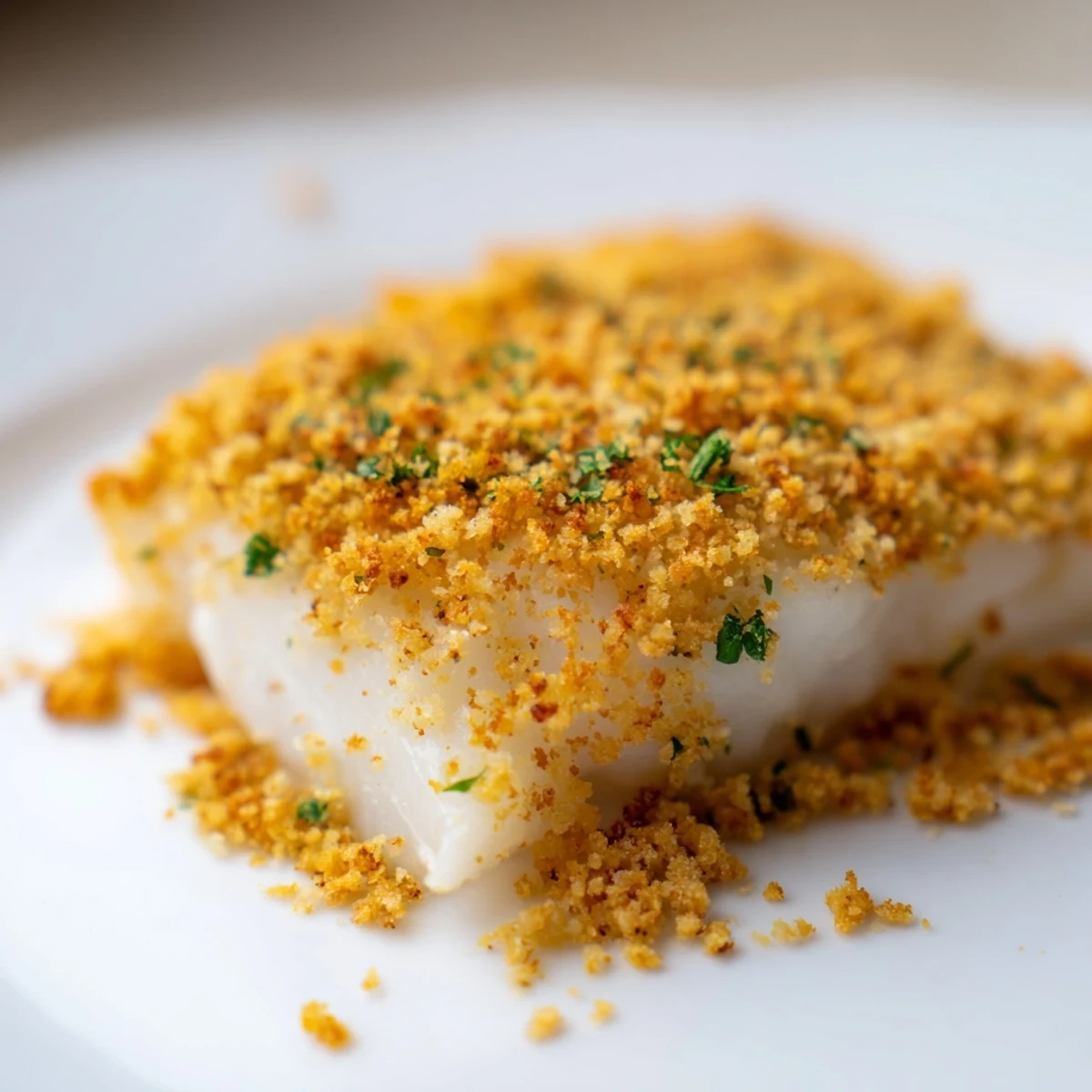 Close-up of Baked Cod with Cracker Crumb Topping revealing juicy flakes and a buttery, crisp topping.