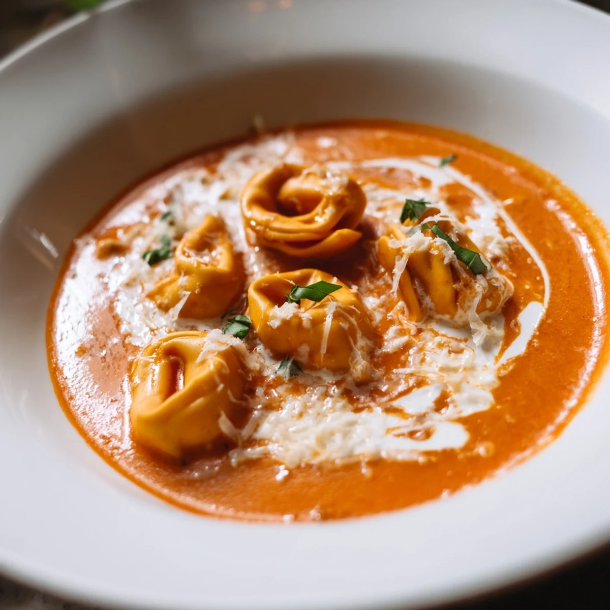 Creamy Tomato Tortellini Soup steams in a white bowl, garnished with fresh basil and grated Parmesan. 