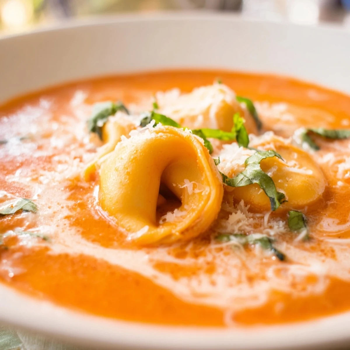 Serve Creamy Tomato Tortellini Soup with crusty bread on a rustic table for a comforting Italian-American dinner.