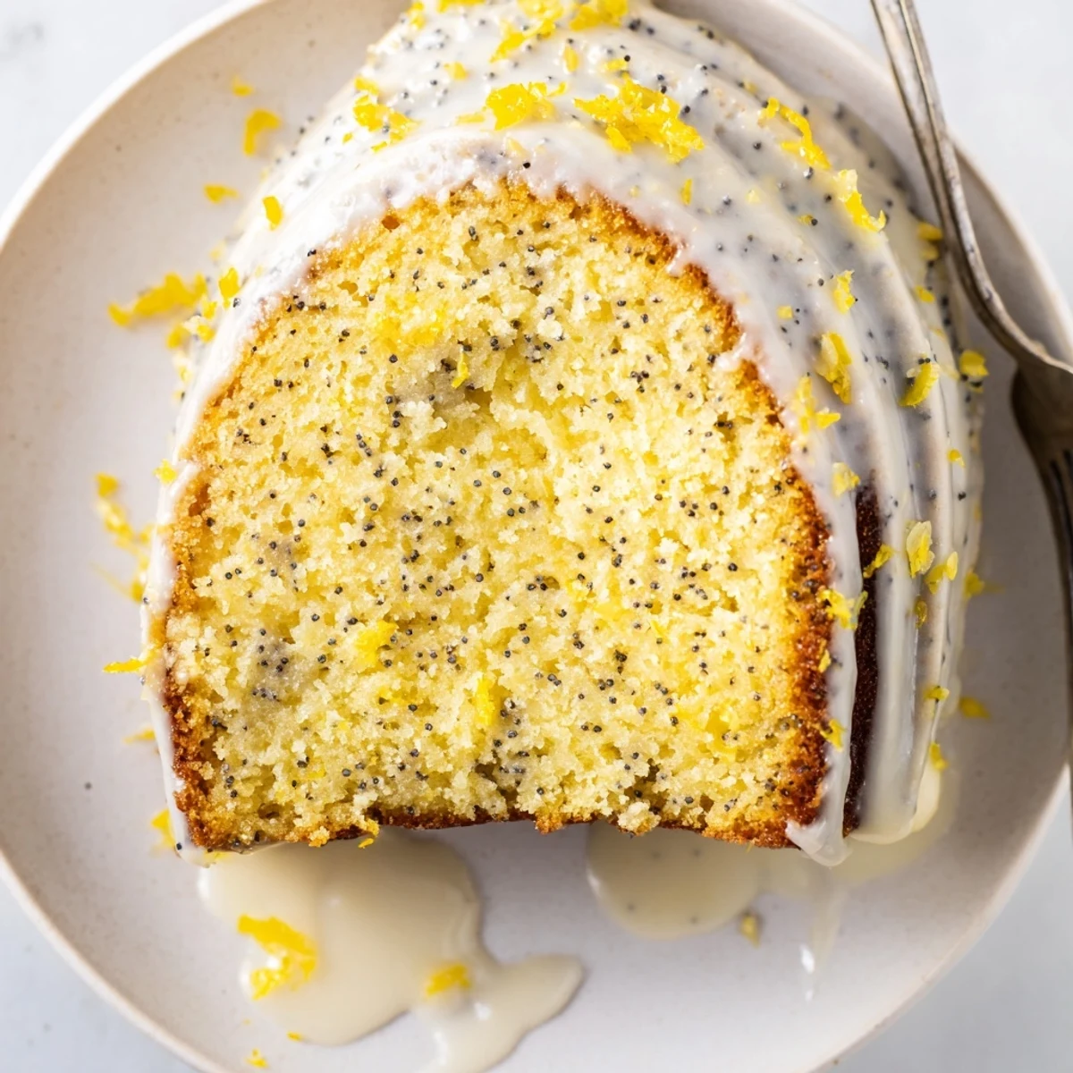 A freshly baked Lemon Poppy Seed Bundt Cake sits on a cooling rack with a shiny lemon glaze dripping down the ridges.