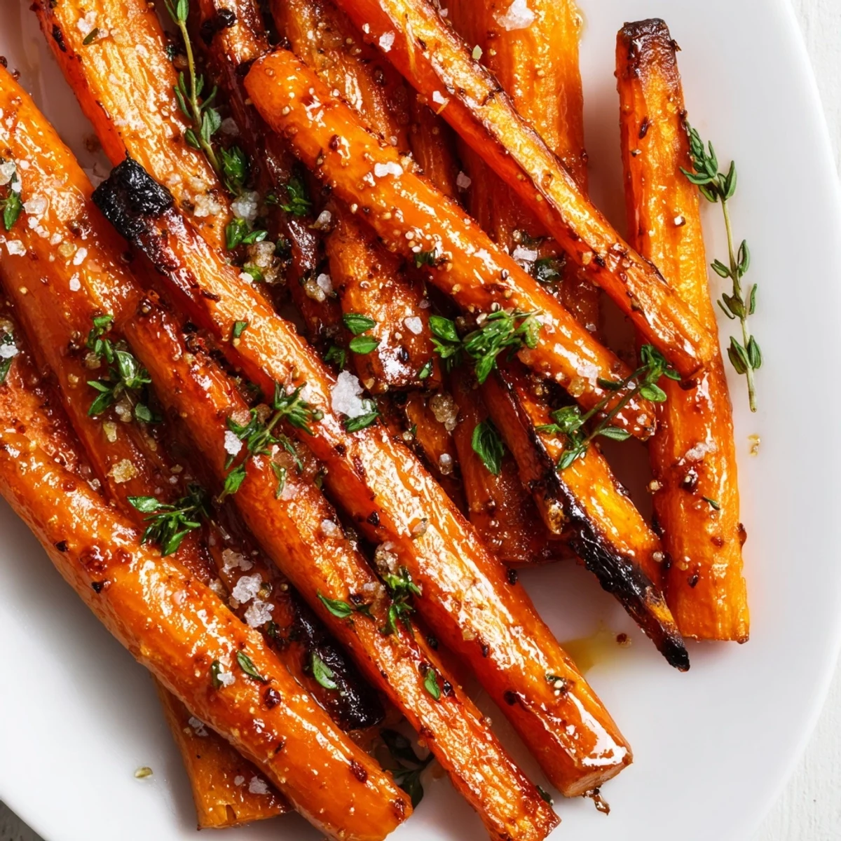 Caramelized roasted carrots with honey and thyme served warm as a vegetarian side dish.