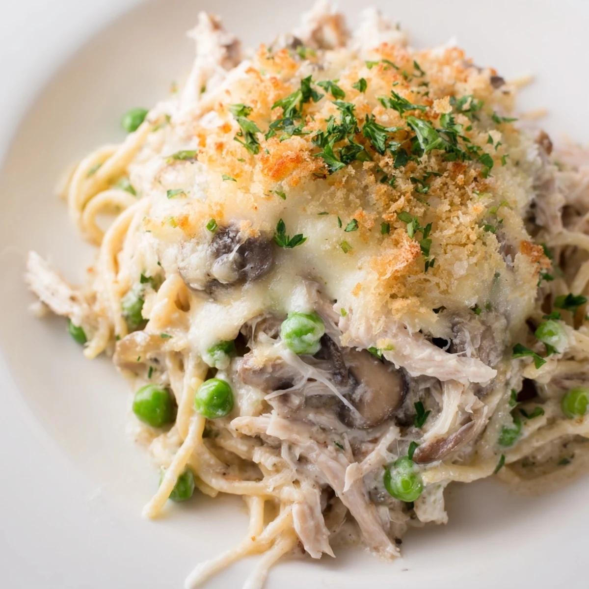 Steaming spoonful of creamy Turkey Tetrazzini with sautéed mushrooms and sweet peas.