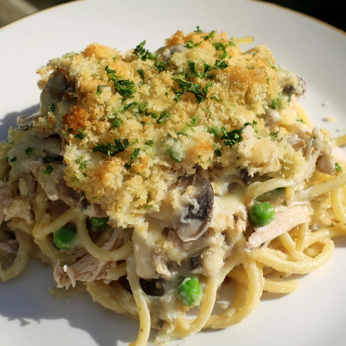 Golden, bubbly Turkey Tetrazzini with mushrooms and peas, baked in a ceramic dish.