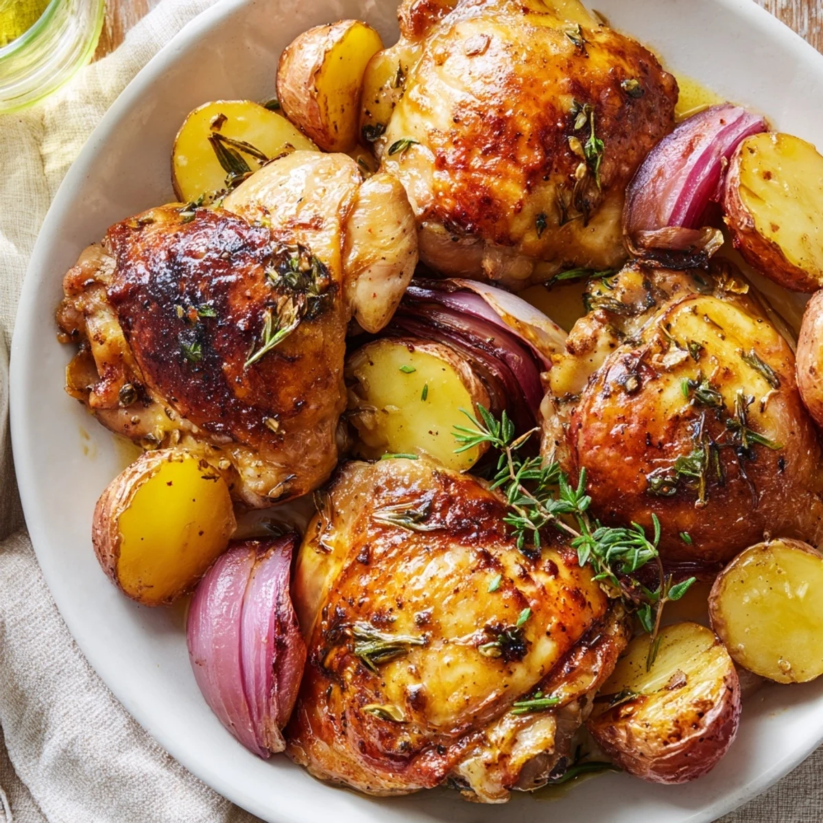 Crispy skinned chicken thighs and roasted potatoes with garlic and lemon wedges on a baking sheet.
