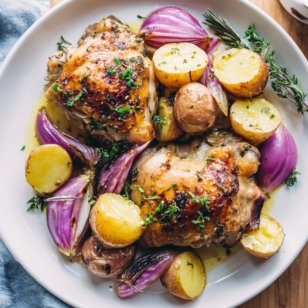 Golden-brown Lemon Garlic Roasted Chicken Thighs with Potatoes served with fresh parsley garnish.